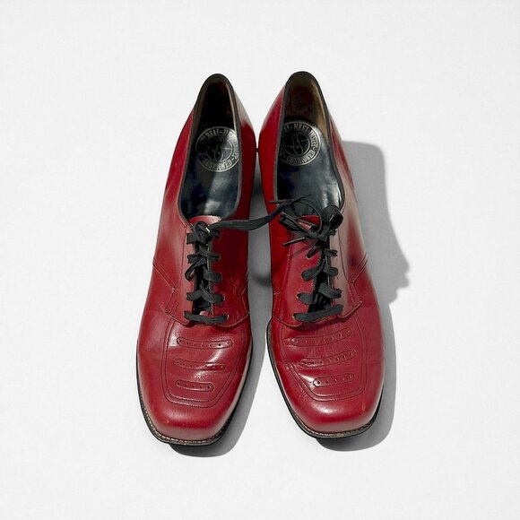 Vintage 1940s Red Leather Oxford Heels Arch-Heel Cushioned Insole 7.5 - Picture 2 of 15